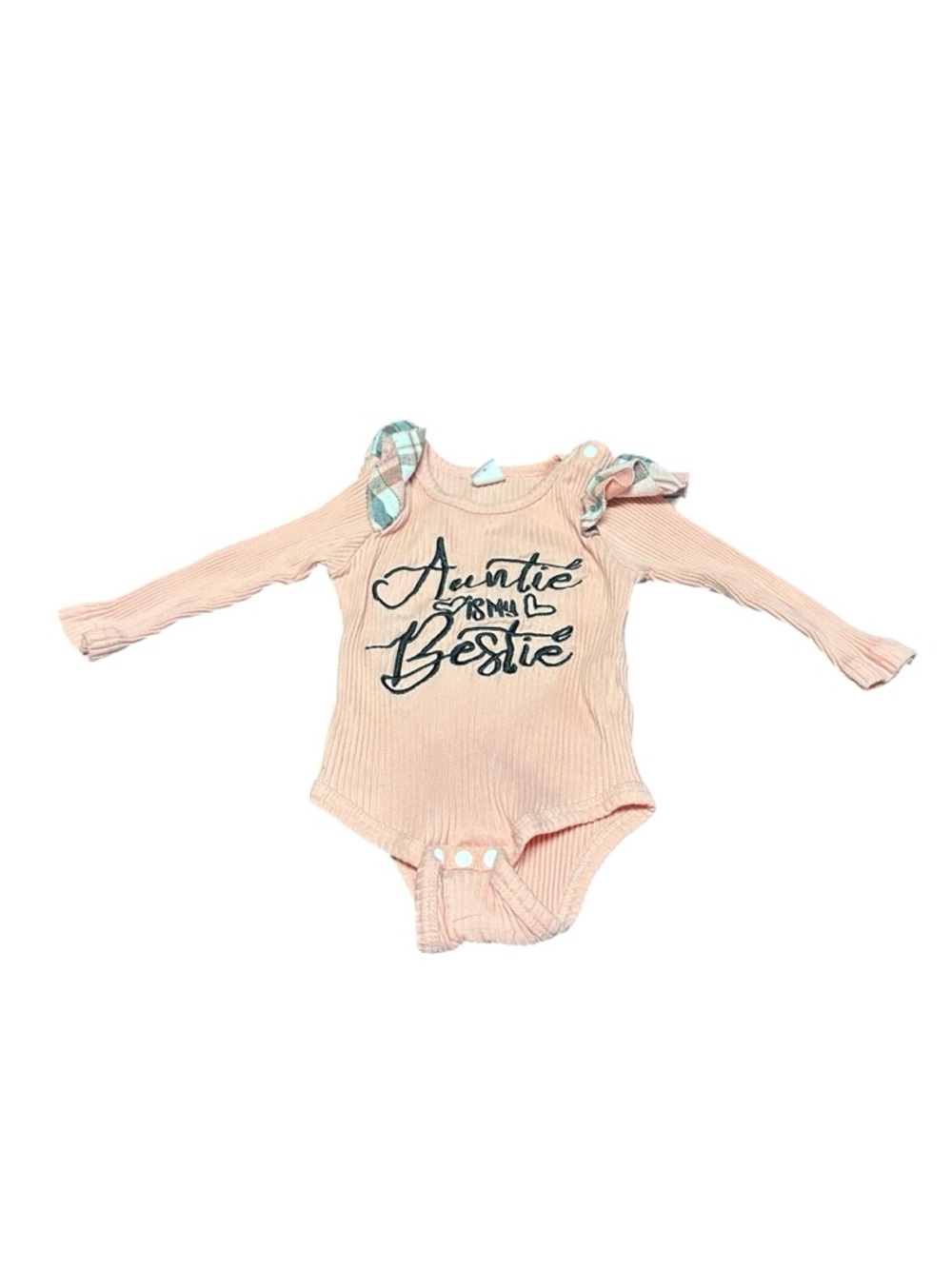 SHEIN Pink Ribbed Long-Sleeve Bodysuit with Navy Script